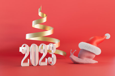 the slow approach of 2023. a snail in a Christmas hat crawling towards the inscription 2023. 3D...