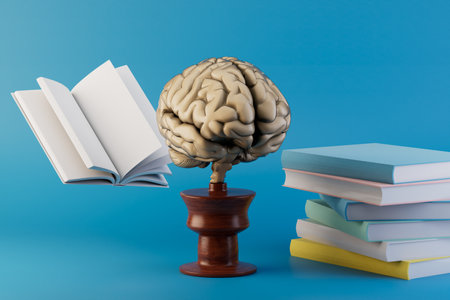 learning concept. the brain on the stand around which the books are on the blue foy. 3D rendering.の写真素材