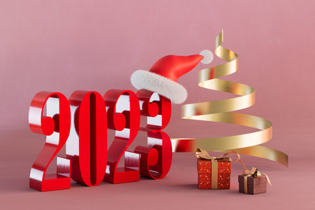 the concept of 2023. the inscription 2023 in the New Year's hat, gifts and a Christmas tree from the...