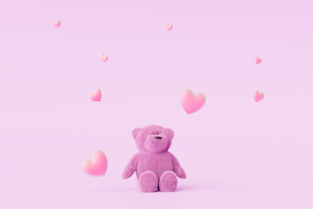 Valentine's Day gifts. teddy bear and hearts flying across the pastel background. 3D rendering.