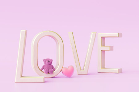the concept of a declaration of love. teddy bear with a heart and the inscription love on a pastel background. 3D rendering.の写真素材
