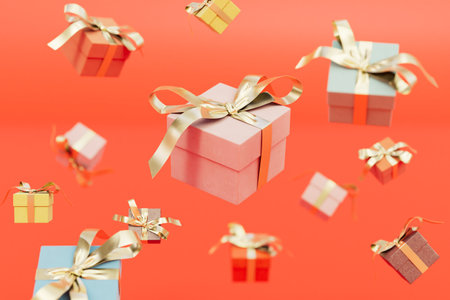 Gift boxes or present wrapped in craft paper. Holiday presents on a red background. 3d rendering.の写真素材