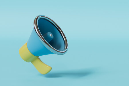 announcement of important news. loudspeaker on a blue background. copy paste, copy space. 3D rendering.の写真素材