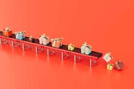 Gifts on conveyor belt on a red background. 3d rendering.の写真素材