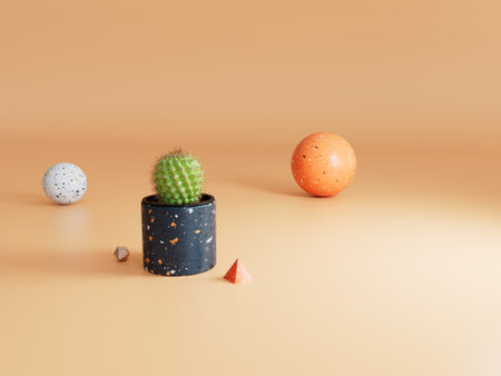 an abstract background on which a cactus is in a pot and geometric shapes on a pastel background. 3D rendering.の写真素材