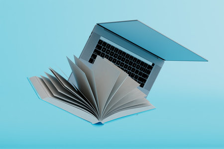 the concept of online learning. an open book and laptop on a blue background. 3D rendering.
