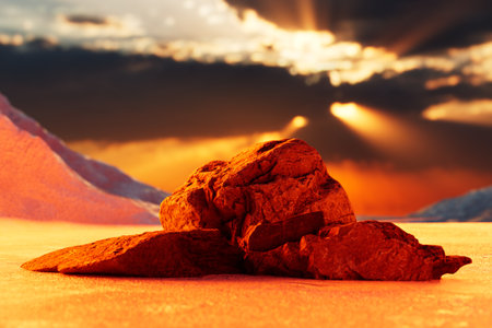 the concept of the beauty of nature. a rock against a backdrop of clouds and a setting sun. 3D...