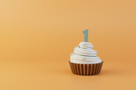 the concept of celebrating the first birthday. cake with the number 1 on a pastel background. 3D rendering.の写真素材