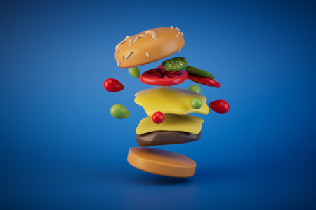 the concept of love for fast food. a hamburger flying on a blue background. 3D rendering.の写真素材