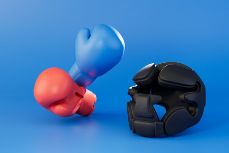 equipment for boxing. boxing gloves and a helmet on a blue background. 3D rendering.の写真素材