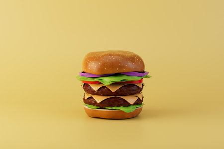 the concept of love for fast food. a large burger on a yellow background. 3D rendering.の写真素材