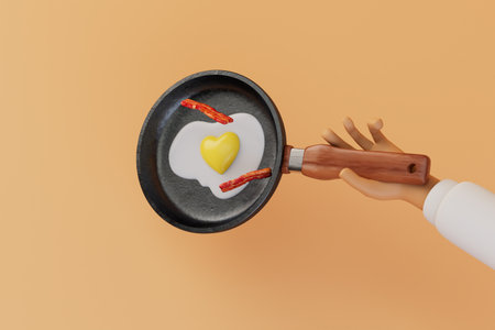 cooking breakfast. a hand in which a frying pan with scrambled eggs and sausages on a pastel background. 3D rendering.の写真素材