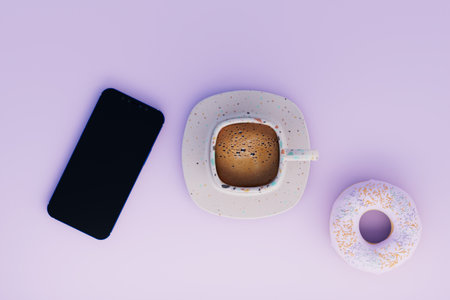 a cup of coffee and a donut next to the smartphone on a white background. 3D rendering.