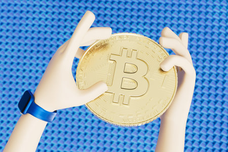 good earnings on cryptocurrency. hands holding a large bitcoin coin. 3D rendering.の写真素材