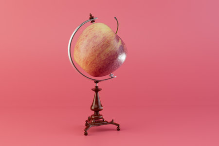 globe apple. apple on a globe stand on a red background. 3D rendering.の写真素材
