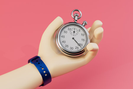 the concept of time constraints. stopwatch in hand on a pastel background. 3D rendering.