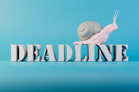 slow current time. snail on the inscription deadline on a turquoise background. 3D rendering.の写真素材