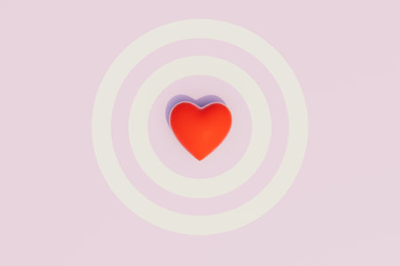 an abstract background on which the red heart is in the center of a round podium on a pastel background. 3D rendering.の写真素材