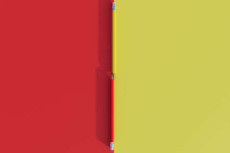 red and yellow pencils on a red-yellow background. 3D rendering.の写真素材