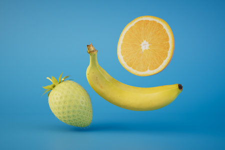 the concept of healthy eating. banana, orange and yellow strawberries on a blue background. 3D rendering.の写真素材