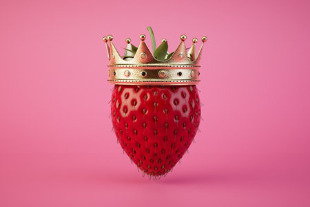 red strawberries in a crown on a pink background. 3D rendering.の写真素材