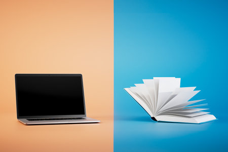 the concept of online learning. an open book and a laptop on a pastel and blue background. 3D rendering.の写真素材
