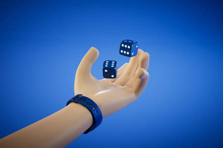 the concept of playing dice. a hand tossing dice on a blue background. 3D rendering.の写真素材
