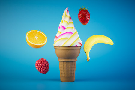 fruit ice cream in a waffle cup. an ice cream cone next to the fruit on a blue background. 3D rendering.の写真素材