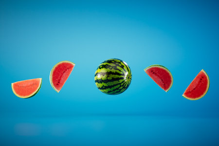 a large watermelon around which slices of watermelon scatter on a blue background. 3D rendering.の写真素材