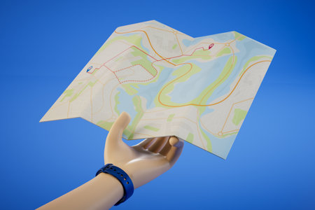 the concept of travel with a map. hand holding the card on a blue background. 3D rendering.の写真素材