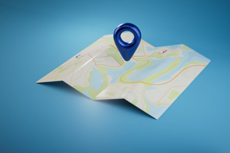 designation of the location on the map. map with a blue GPS point on a blue background. 3D rendering.の写真素材