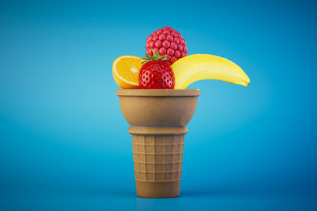 waffle cup with different fruits on a blue background. 3D rendering.の写真素材