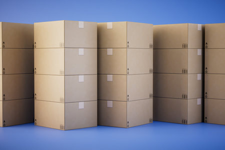 parcel warehouse. boxes with parcels standing on top of each other on a blue background. 3D...