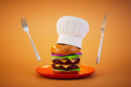 a burger in a chef's hat on a plate around which is a knife and fork on an orange background. 3D rendering.の写真素材