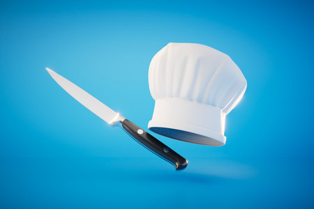 Chef's hat and kitchen knife on blue background. 3d rendering.