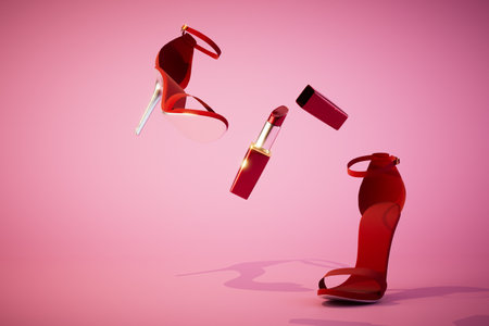 red heeled shoes and red lipstick on a pastel background. 3D rendering.の写真素材
