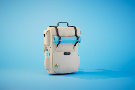 a large hiking backpack with a carimat on a blue background. 3D rendering.の写真素材