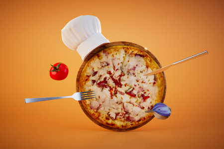 pizza in the chef's hat with tomatoes and onions around which a knife and fork on an orange background. 3D rendering.の写真素材