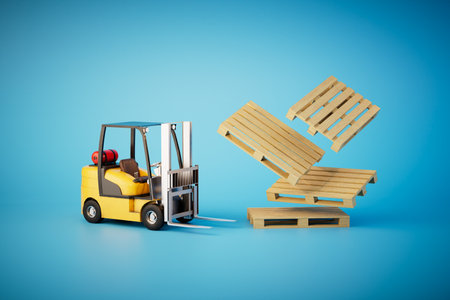 concept of cargo transportation. wooden pallets and trucks on a blue background. 3D rendering.の写真素材