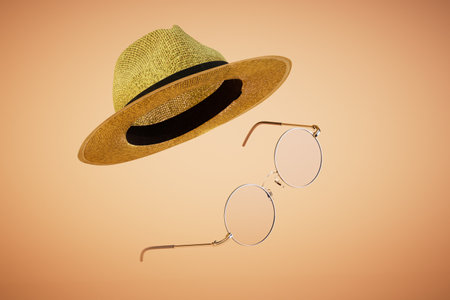 hat and glasses with diopters on a pastel background. 3D rendering.