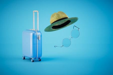 the concept of travel. hat, glasses and luggage on a blue background. 3D rendering.の写真素材