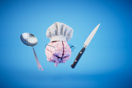 items for cooking. knife and noise next to the brain in the chef's hat. 3D rendering.の写真素材