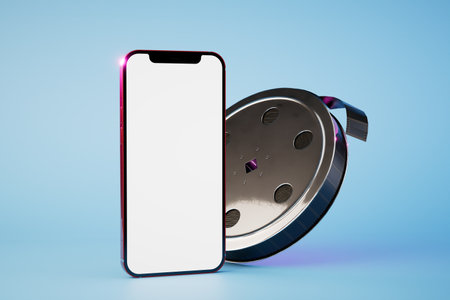 online cinema. smartphone and videotape on a blue background. 3D rendering.の写真素材