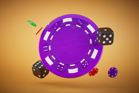 the concept of gambling. multi-colored chips and dice flying on a pastel background. 3D rendering.の写真素材