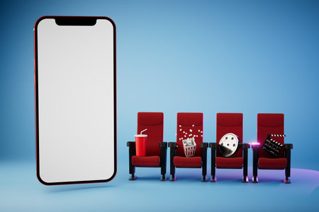 online cinema. a smartphone next to which are red seats, videotape, popcorn, soda. 3D rendering.