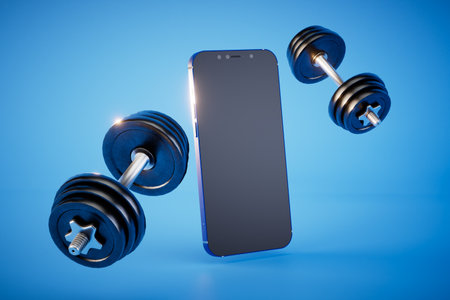 Fitness background with dumbbells and smartphone. 3d rendering.の写真素材