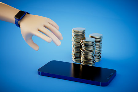 the concept of earning money on the Internet. a hand reaching for a smartphone and stacks of dollars. 3D rendering.の写真素材