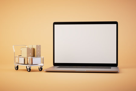 online logistics of parcel delivery. an open laptop and a cart with parcels on a pastel background. 3D rendering.の写真素材