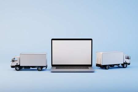 order parcel delivery online. open laptop and trucks for parcel delivery. 3D rendering.の写真素材