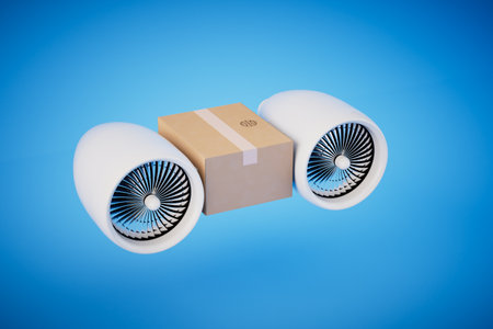 delivery of parcels by plane. a parcel around which the turbines of the aircraft on a blue background. 3D rendering.の写真素材